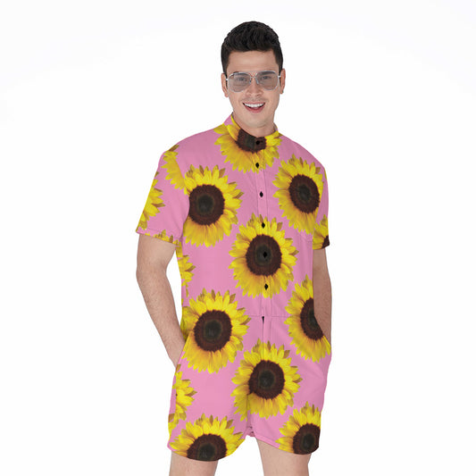 Pink Sunflower Pattern Print Men's Rompers