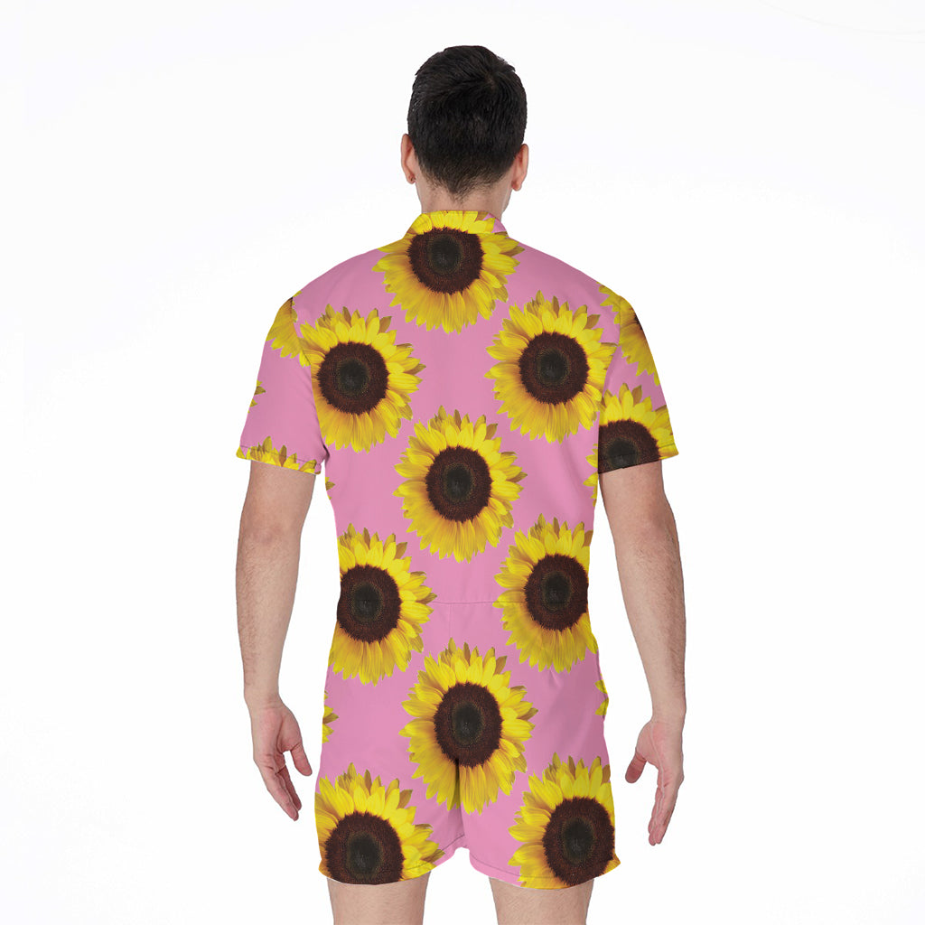 Pink Sunflower Pattern Print Men's Rompers