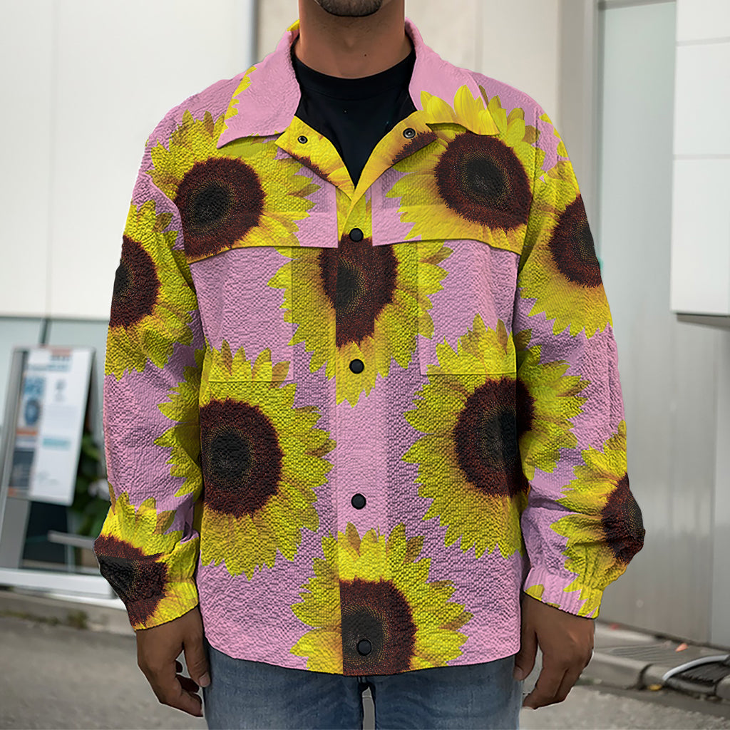 Pink Sunflower Pattern Print Men's Shirt Jacket