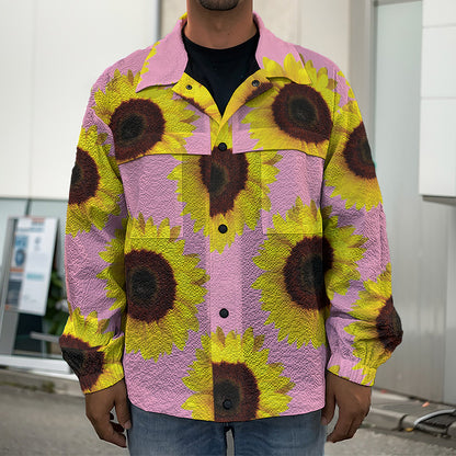 Pink Sunflower Pattern Print Men's Shirt Jacket