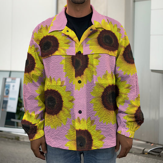 Pink Sunflower Pattern Print Men's Shirt Jacket