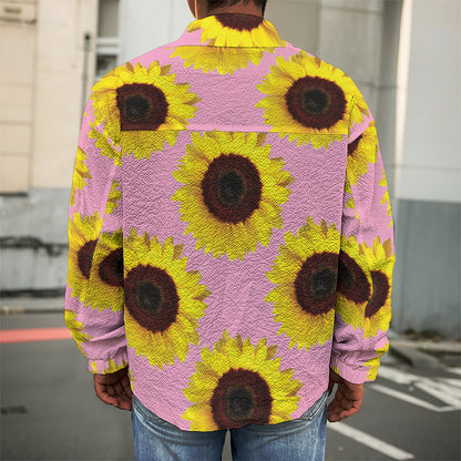 Pink Sunflower Pattern Print Men's Shirt Jacket