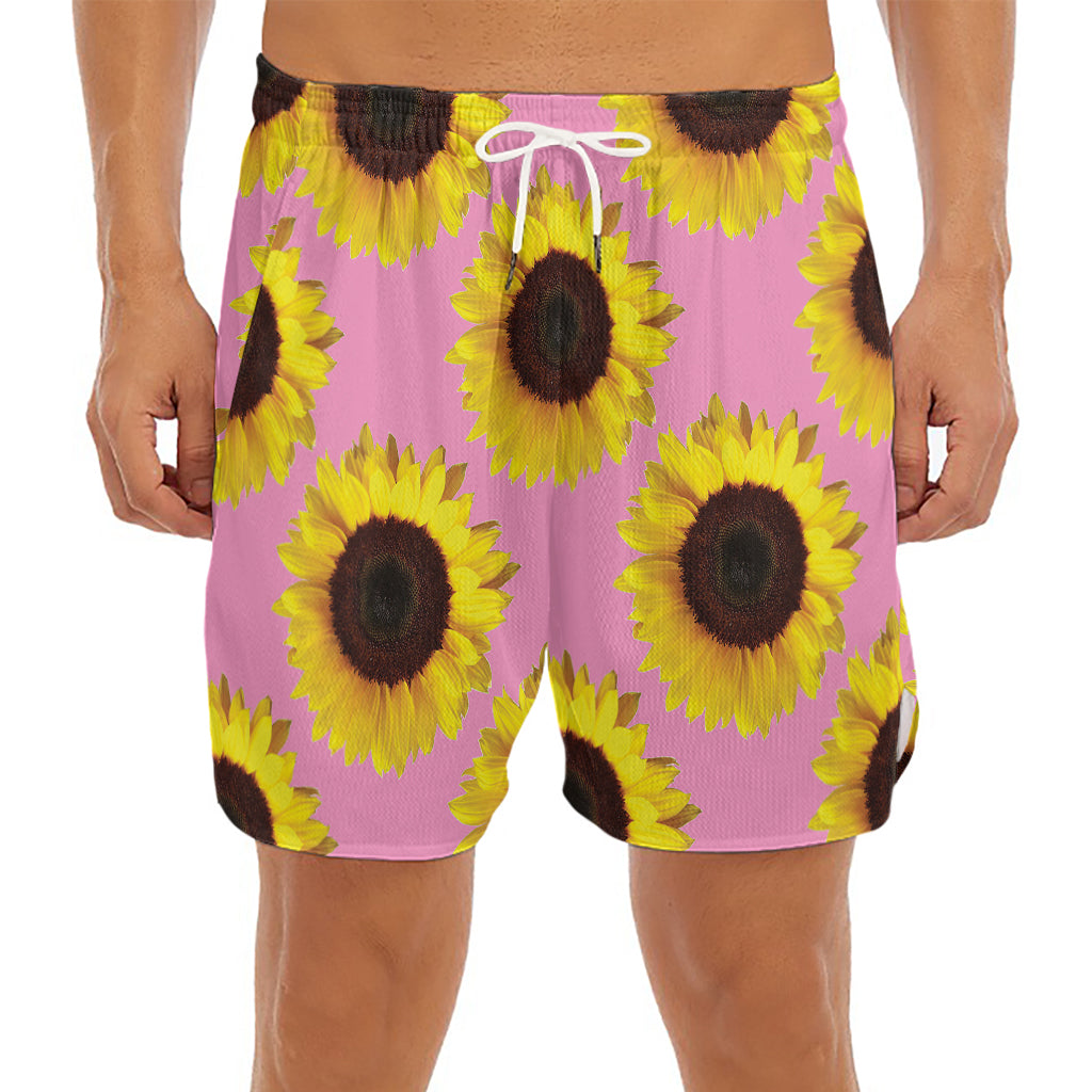 Pink Sunflower Pattern Print Men's Split Running Shorts