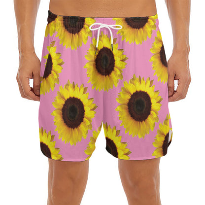 Pink Sunflower Pattern Print Men's Split Running Shorts