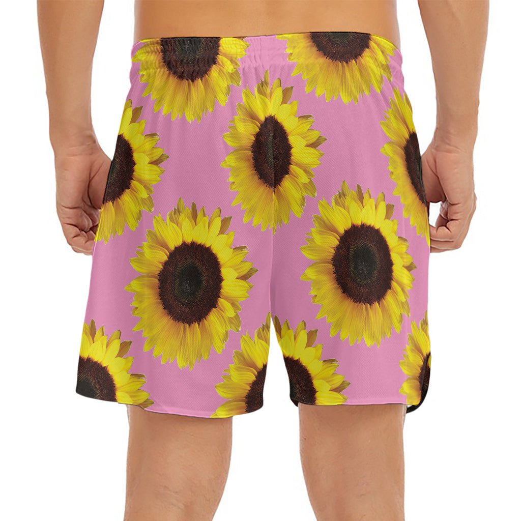 Pink Sunflower Pattern Print Men's Split Running Shorts