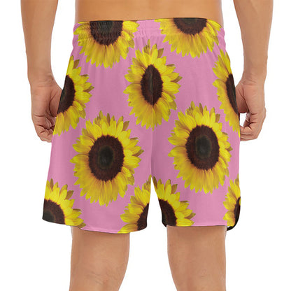 Pink Sunflower Pattern Print Men's Split Running Shorts