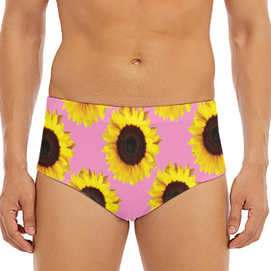 Pink Sunflower Pattern Print Men's Triangle Swim Briefs
