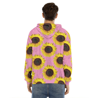 Pink Sunflower Pattern Print Men's Velvet Pullover Hoodie