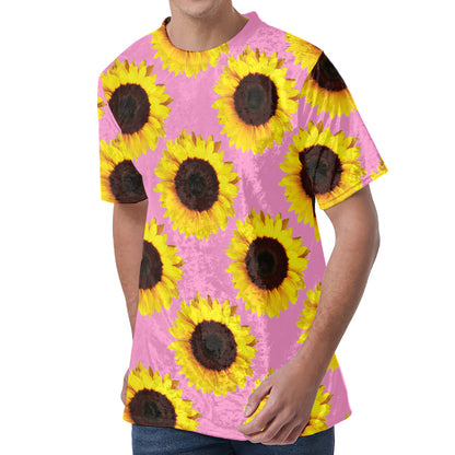 Pink Sunflower Pattern Print Men's Velvet T-Shirt