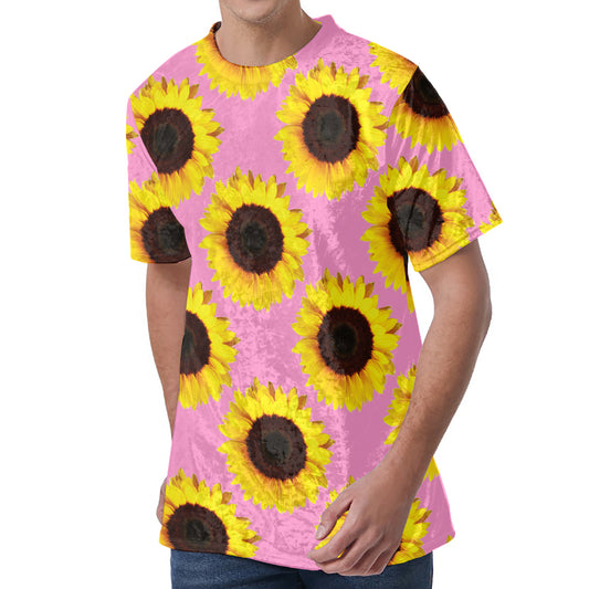 Pink Sunflower Pattern Print Men's Velvet T-Shirt