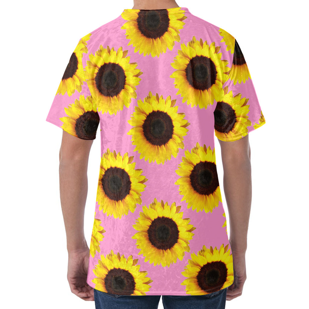Pink Sunflower Pattern Print Men's Velvet T-Shirt