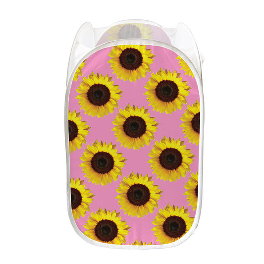 Pink Sunflower Pattern Print Mesh Laundry Hamper