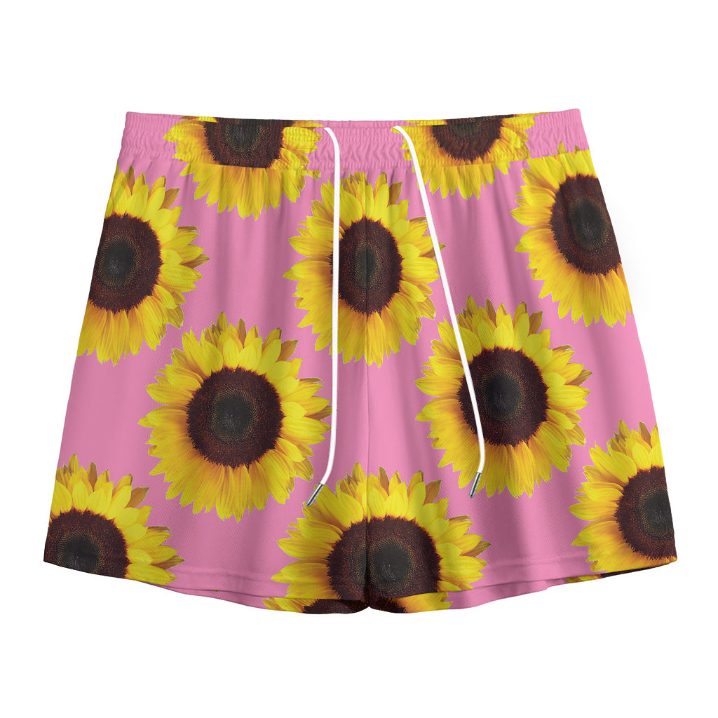 Pink Sunflower Pattern Print Mesh Shorts