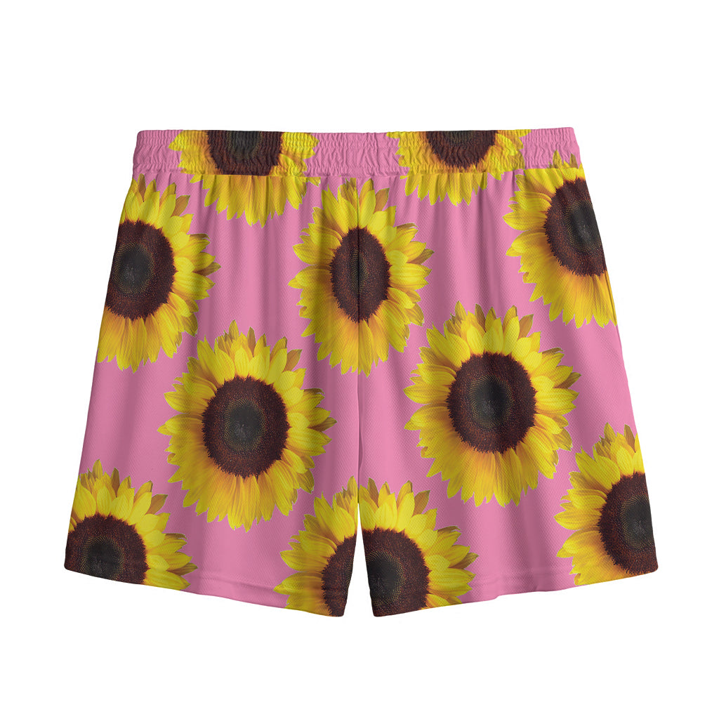Pink Sunflower Pattern Print Mesh Shorts