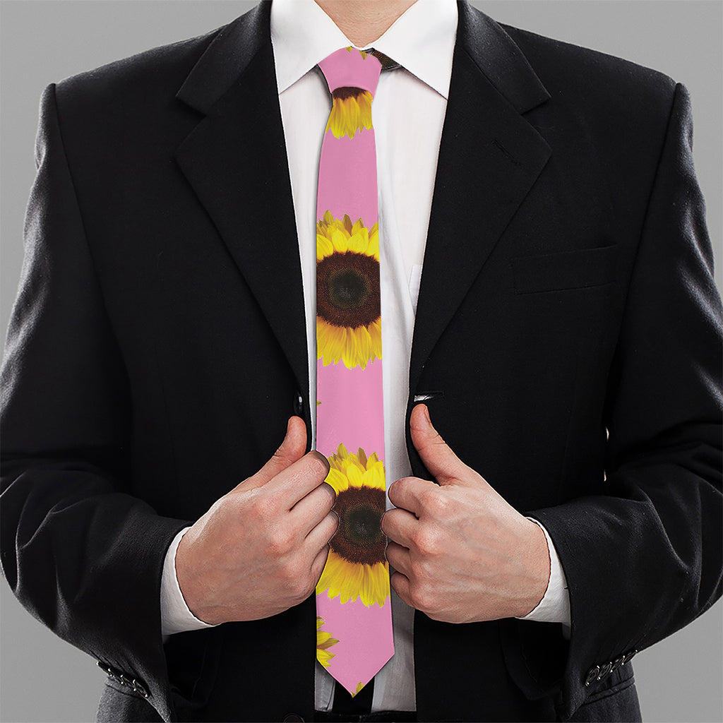 Pink Sunflower Pattern Print Necktie