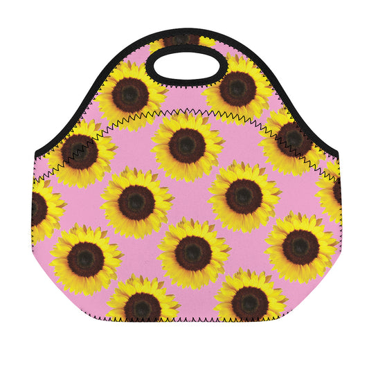 Pink Sunflower Pattern Print Neoprene Lunch Bag