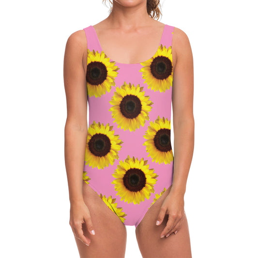 Pink Sunflower Pattern Print One Piece Swimsuit