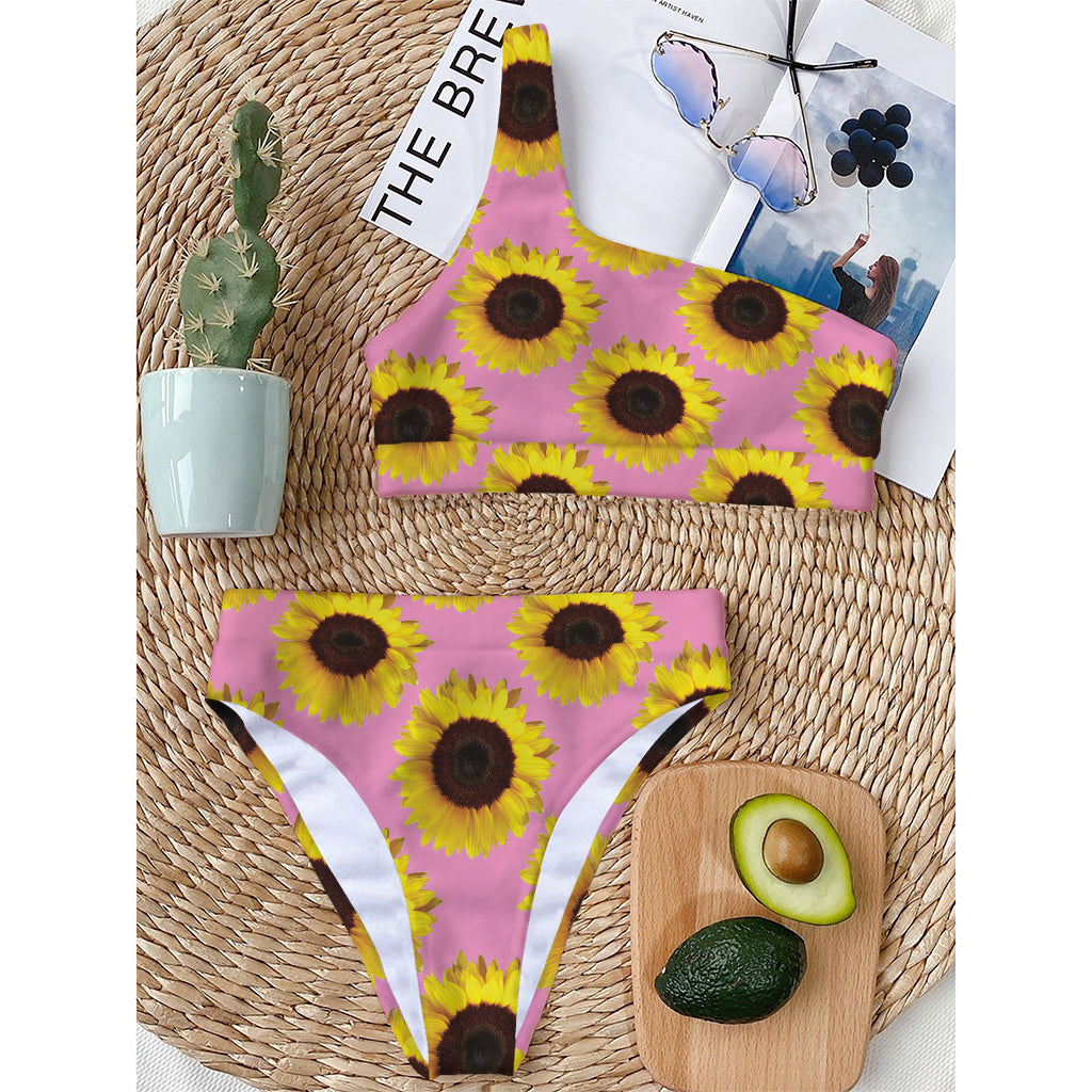 Pink Sunflower Pattern Print One Shoulder Bikini Top