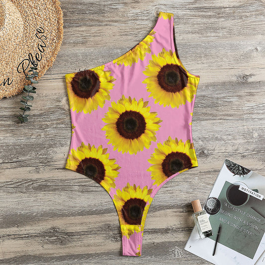 Pink Sunflower Pattern Print One Shoulder Bodysuit