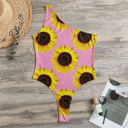 Pink Sunflower Pattern Print One Shoulder Bodysuit