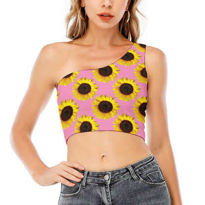Pink Sunflower Pattern Print One Shoulder Crop Top