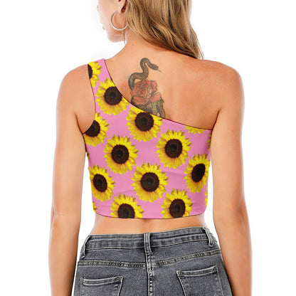 Pink Sunflower Pattern Print One Shoulder Crop Top