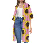 Pink Sunflower Pattern Print Open Front Beach Cover Up