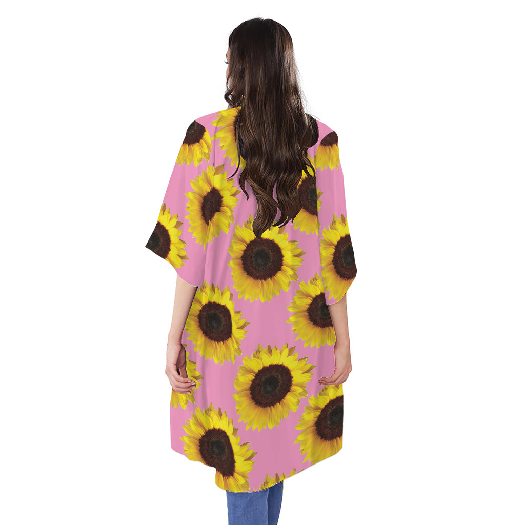 Pink Sunflower Pattern Print Open Front Beach Cover Up