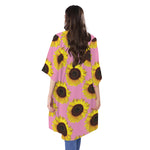 Pink Sunflower Pattern Print Open Front Beach Cover Up