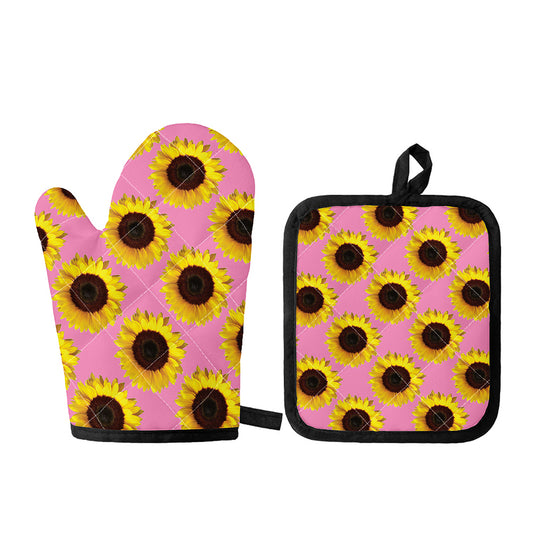 Pink Sunflower Pattern Print Oven Mitt And Pot Holder Set