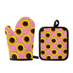 Pink Sunflower Pattern Print Oven Mitt And Pot Holder Set