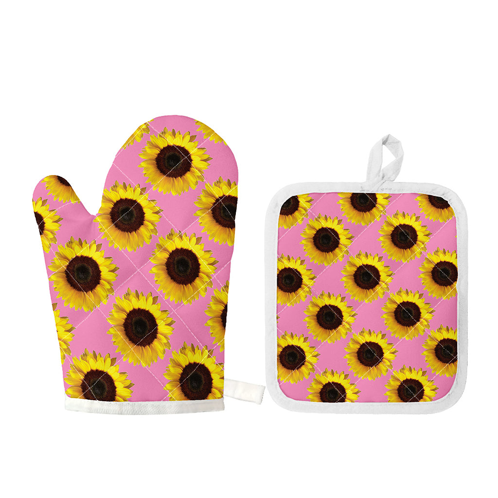 Pink Sunflower Pattern Print Oven Mitt And Pot Holder Set