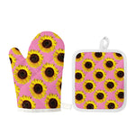Pink Sunflower Pattern Print Oven Mitt And Pot Holder Set