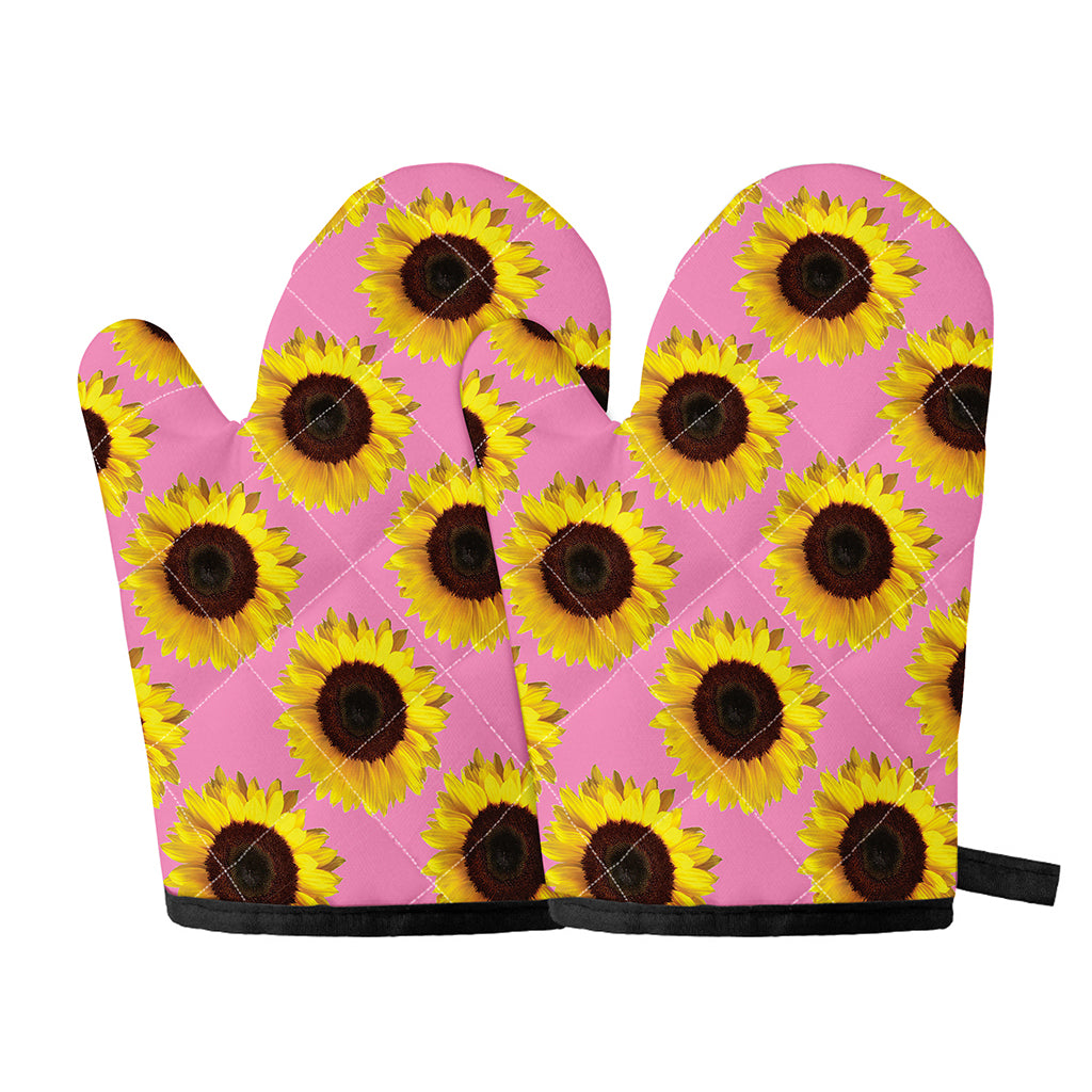 Pink Sunflower Pattern Print Oven Mitts