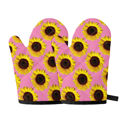 Pink Sunflower Pattern Print Oven Mitts