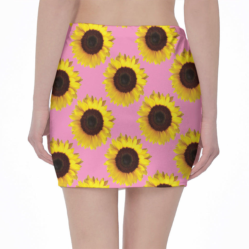 Pink Sunflower Pattern Print Pencil Mini Skirt