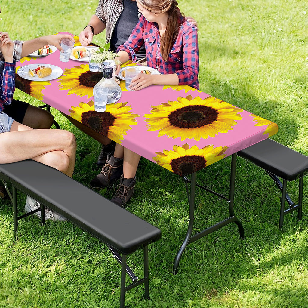 Pink Sunflower Pattern Print Picnic Table Cover