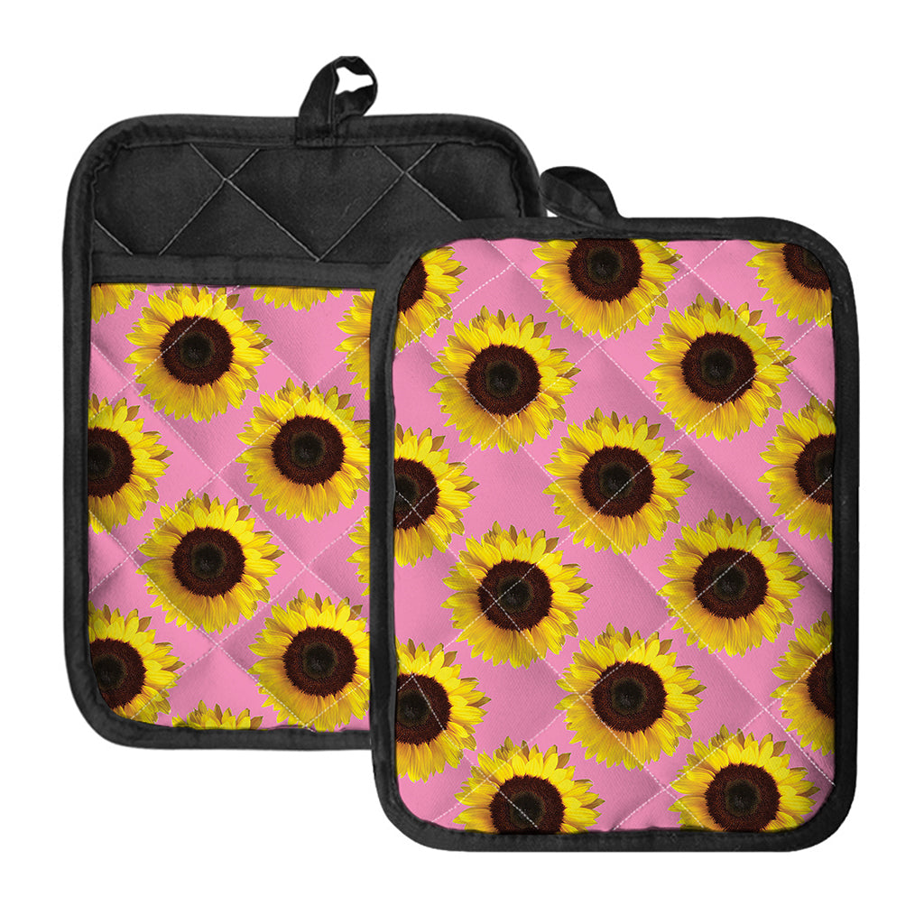 Pink Sunflower Pattern Print Pot Holders With Pocket