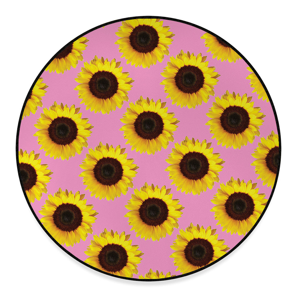 Pink Sunflower Pattern Print Round Floor Mat