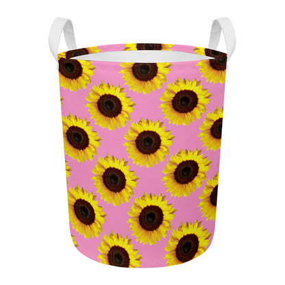 Pink Sunflower Pattern Print Round Laundry Basket