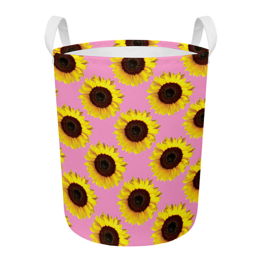 Pink Sunflower Pattern Print Round Laundry Basket