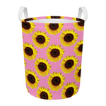 Pink Sunflower Pattern Print Round Laundry Basket