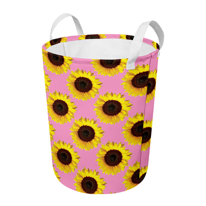 Pink Sunflower Pattern Print Round Laundry Basket