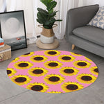 Pink Sunflower Pattern Print Round Rug