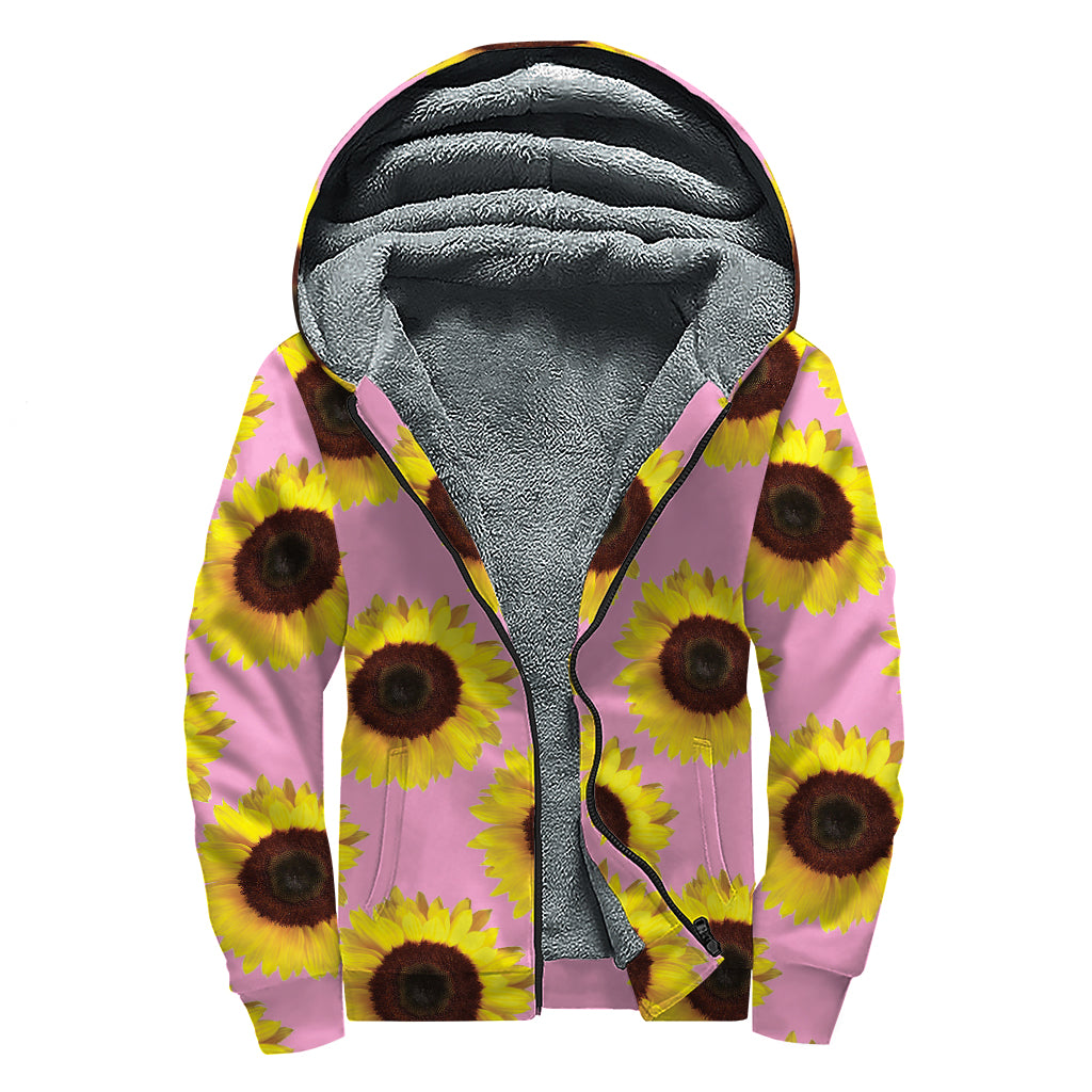 Pink Sunflower Pattern Print Sherpa Lined Zip Up Hoodie