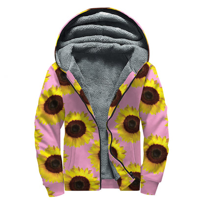 Pink Sunflower Pattern Print Sherpa Lined Zip Up Hoodie