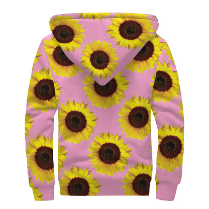 Pink Sunflower Pattern Print Sherpa Lined Zip Up Hoodie