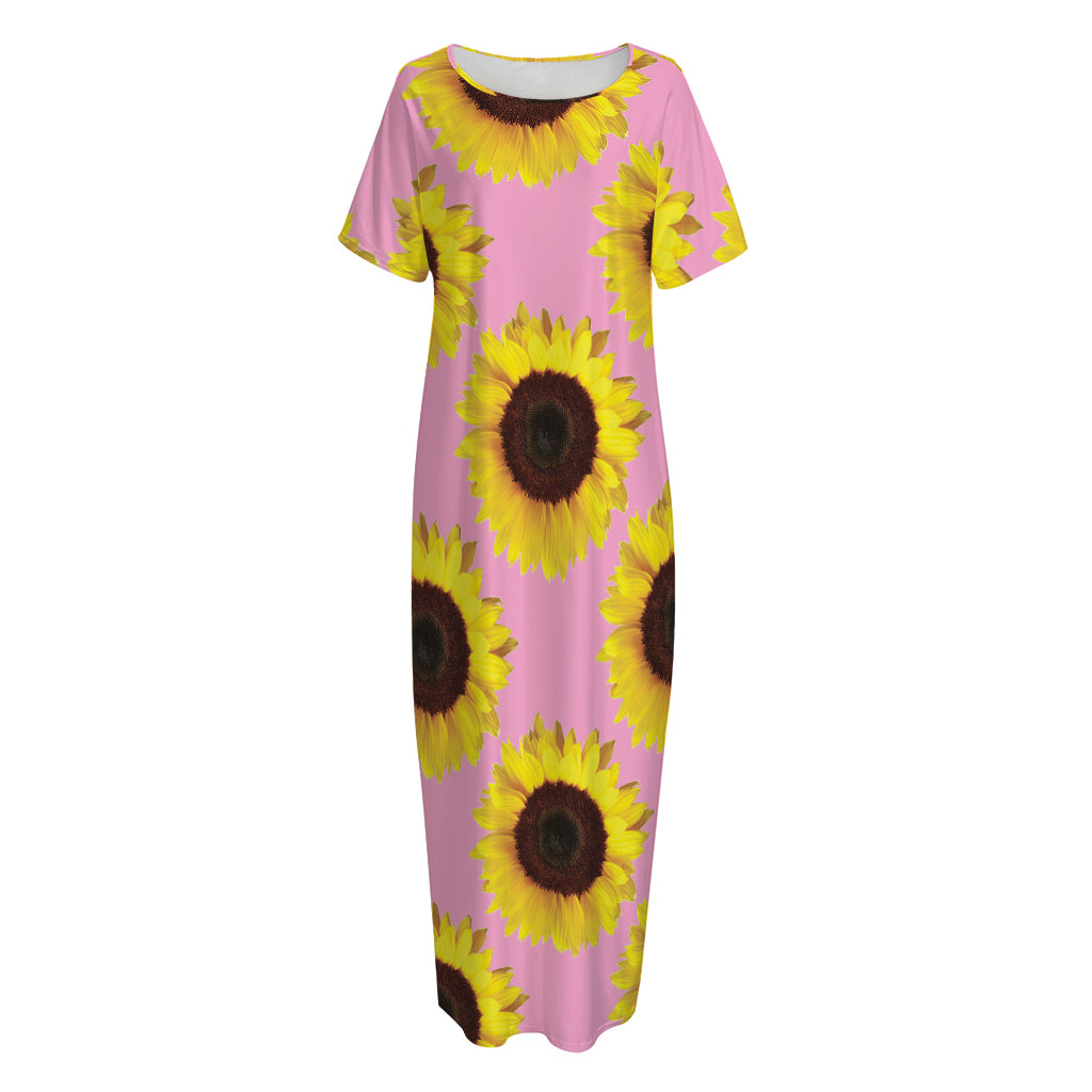 Pink Sunflower Pattern Print Short Sleeve Long Nightdress