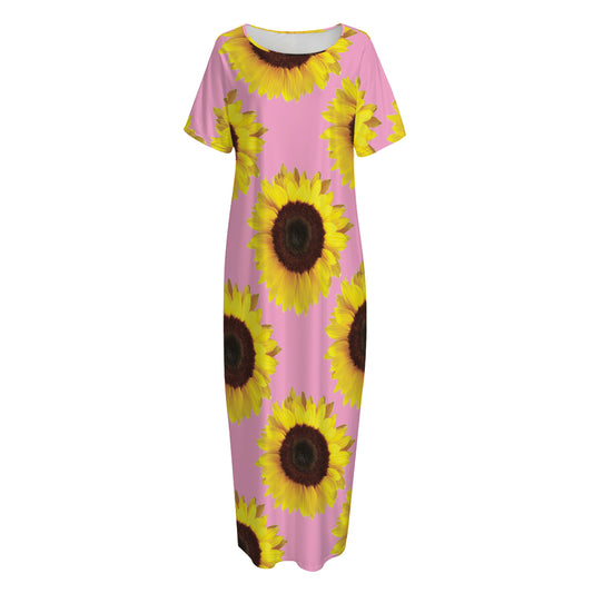 Pink Sunflower Pattern Print Short Sleeve Long Nightdress