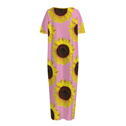 Pink Sunflower Pattern Print Short Sleeve Long Nightdress